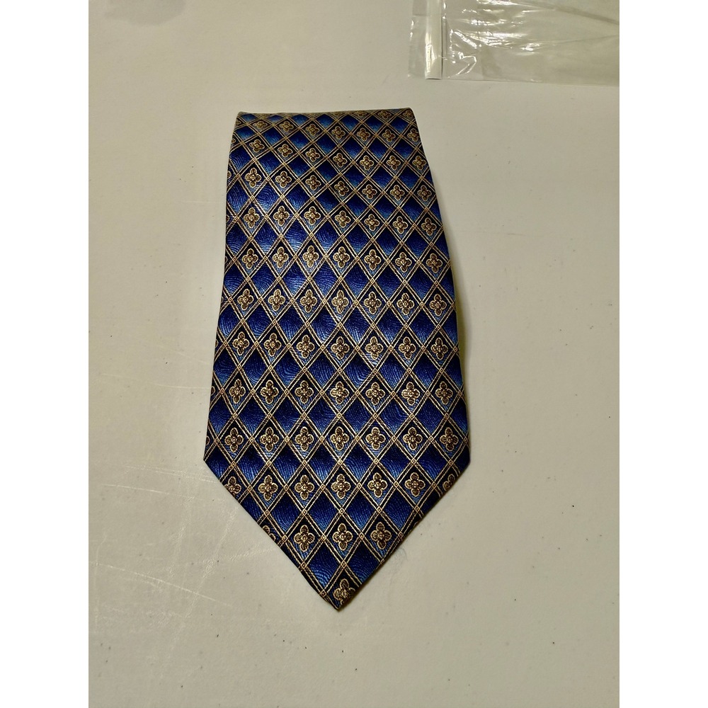 Roundtree & Yorke Mens Silk Handmade‎ Blue Gold Geometric Pattern Necktie